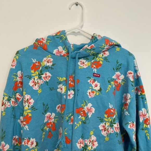LEVI'S LEVIS Floral Raw Cut Hoodie Sweatshirt Blue Multi Hawaiian Cropped Crop - Picture 6 of 16